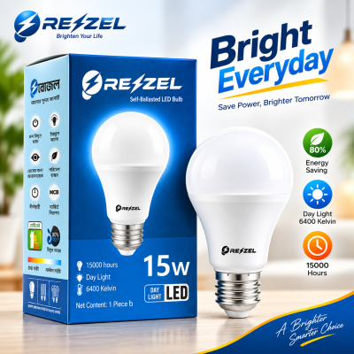 Rezzel Self-Ballasted LED Bulb 15W – Energy Saving 6400K Cool White LED Light Bulb with 270° Beam Angle, High Lumen Output & 1 Year Warranty